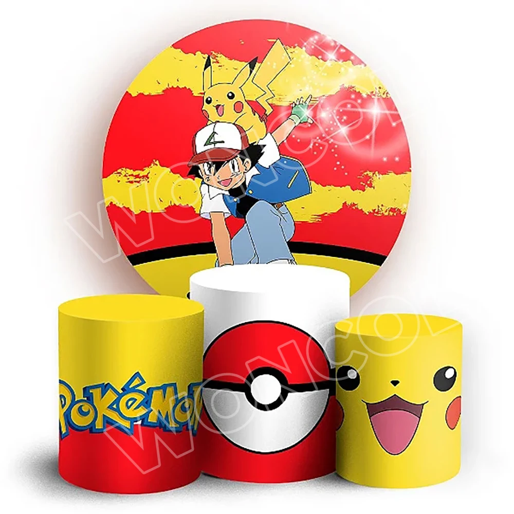 Ash Ketchum Pikachu Round Backdrop Child Birthday Baby Shower Backdrop Pikachu Pokeball Pokemon Cylinder Cover Party Decorations