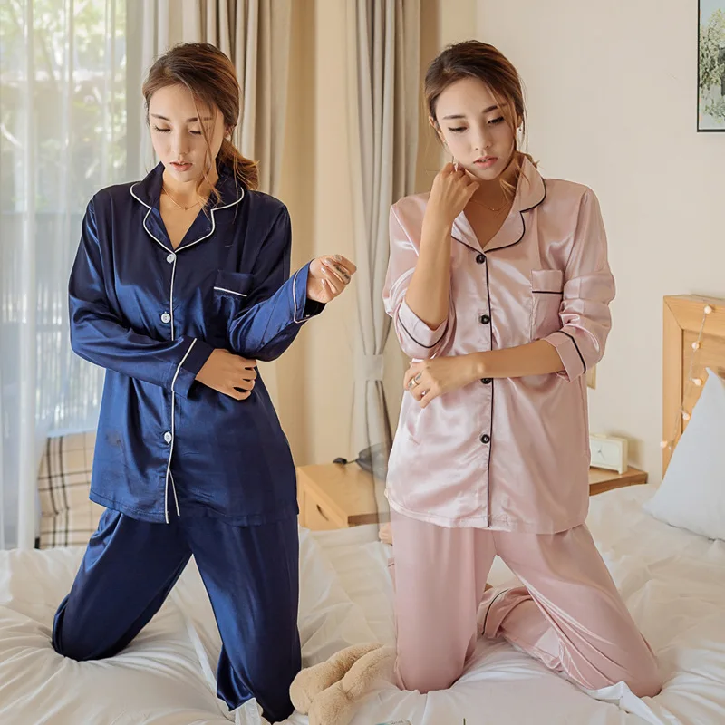 

Women's Summer Solid Pajama Set Long Sleeve Top Trousers Silk Satin Home Suit Spring Loose Casual Sleepwear Female Nightwear