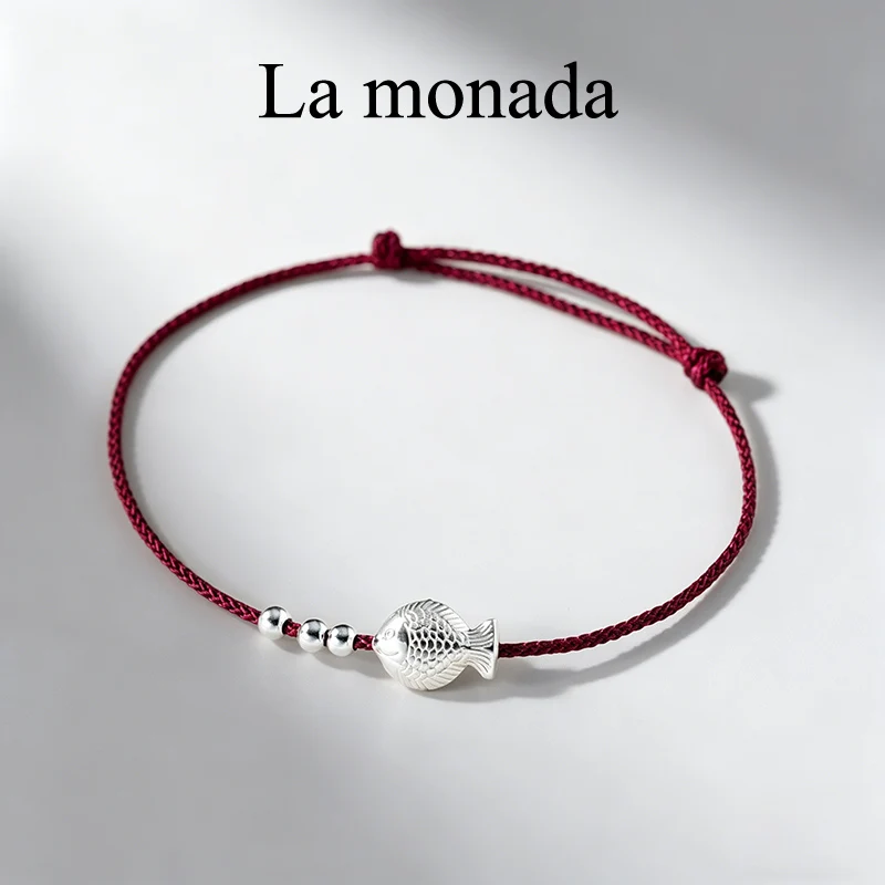 La Monada 925 Sterling Silver Lucky Fish Adjustable Red String Bracelet for Women, Handcrafted Blessing Jewelry Gift