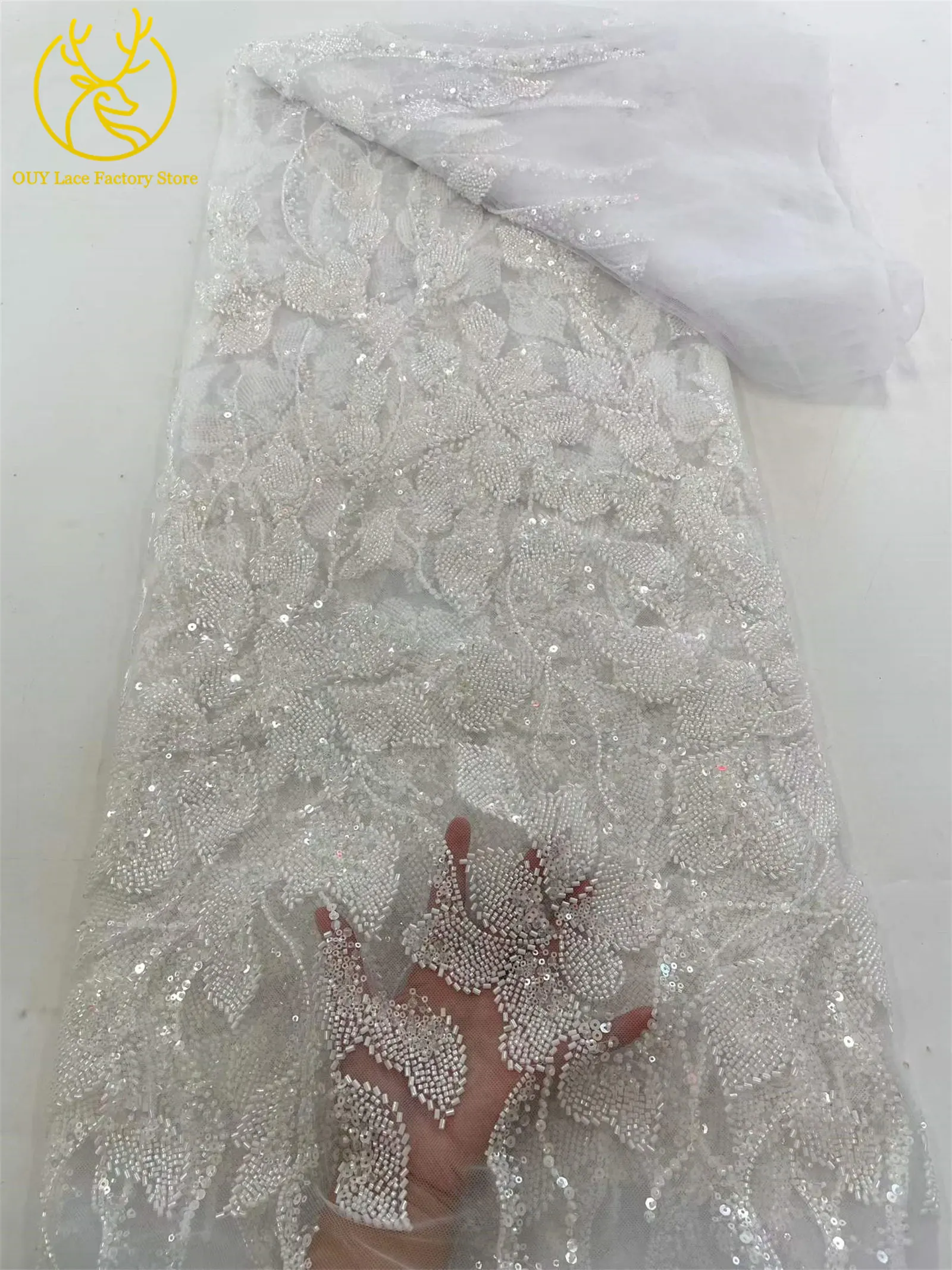 Heiß begehrter französischer Stickerei-Spitzenstoff mit Perlen und Pailletten, 5 Yards, afrikanischer Spitzenstoff, nigerianische Spitze für Brautkleider und Hochzeitsfeiern – Detail 8