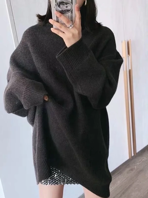 Nuevo suéter de cachemira de cuello alto, suéter largo grueso para mujer, vestido de punto suelto y perezoso para invierno