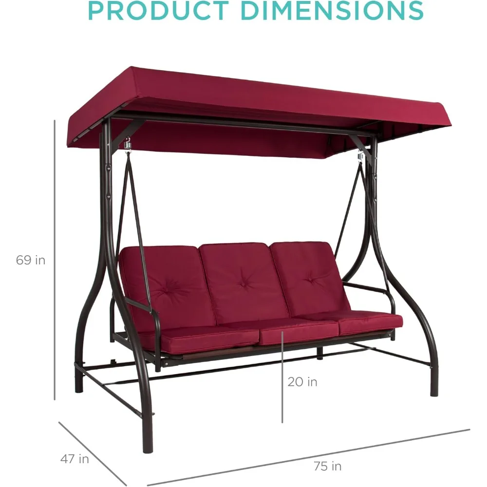 3 outdoor large convertible awning swing, terrace lounge chair with flat bed, adjustable shade, detachable mat - Burgundy red