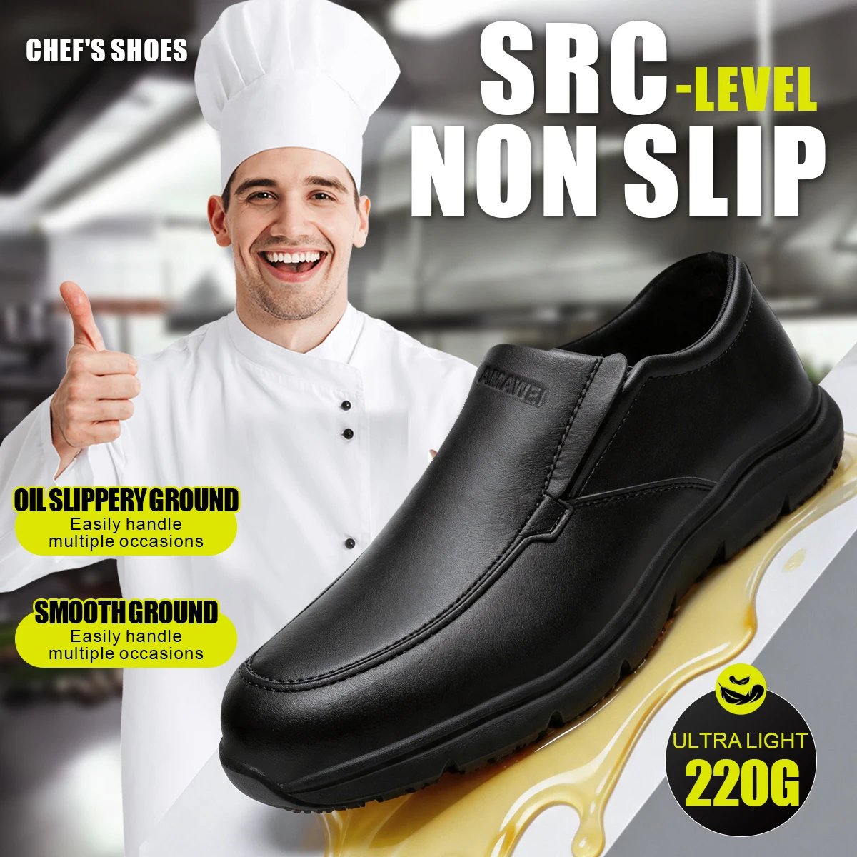 Men Chef Shoes Non Slip Oil Resistant Waterproof Leather Kitchen Work Shoes Lightweight Shock Absorb Anti-Stain Safety Footwear