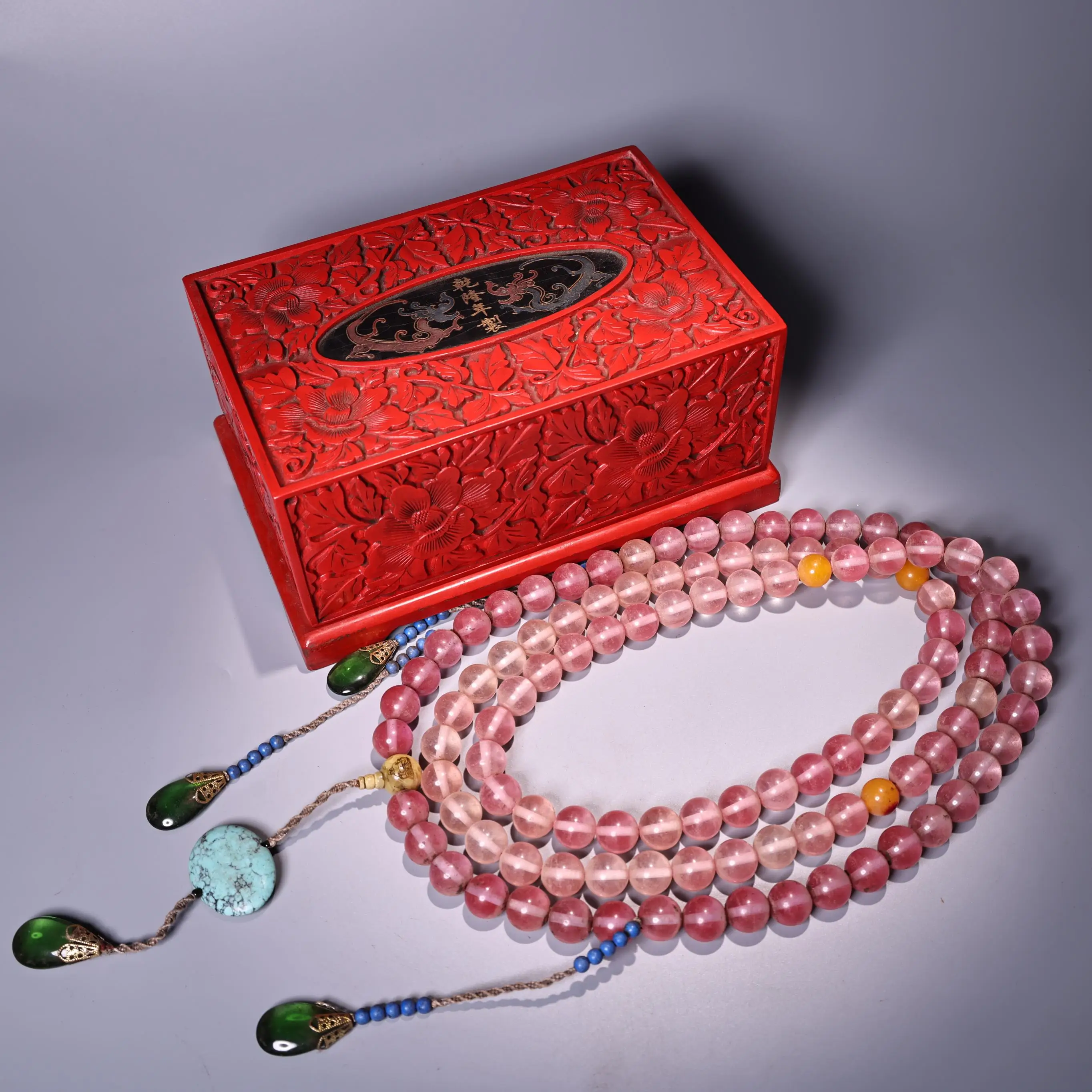 

28"Tibetan Temple Collection Old Amber Mosaic Gem jade Turquoise Buddhist Beads Necklace Court Beads Pendant Amulet Box