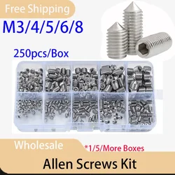 250pcs/Box 304 Allen Screws Hex Hexagon Socket Set Screw Cone Point Grub Screw Tapered End Headless Bolt M3 M4 M5 M6 M8