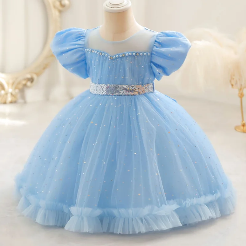 

Summer New Beaded Sequin Bubble Sleeve Mesh Girl Princess Dress Birthday Party Wedding Flower Children's Day Performance Dress