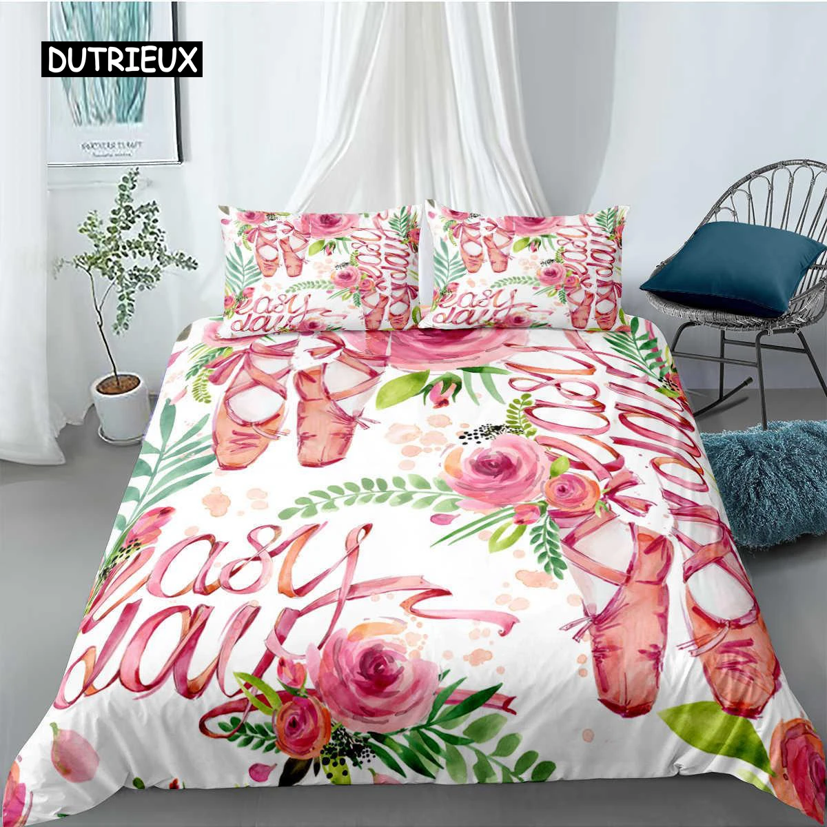 Ballet Duvet Cover Set King Microfiber Ballet Accessory Shoes Dress Bedding Set for Girls Rose Leaves Summer Style Quilt Cover