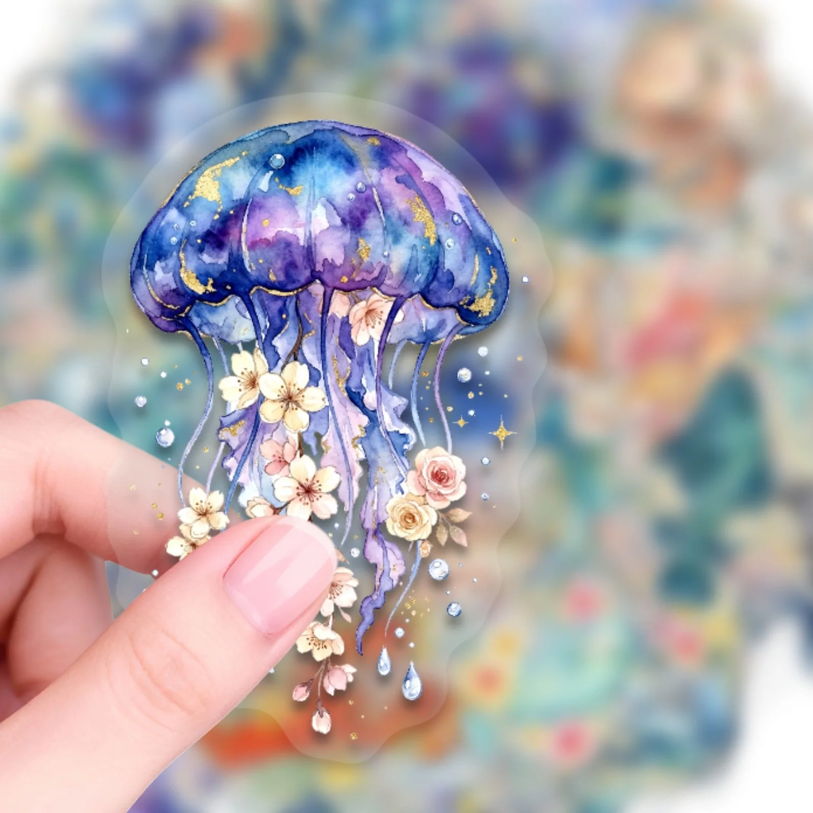 50-Pack Ocean Animal Watercolor Flower Stickers Waterproof PET Transparent Decals for Phone Case Guitar Notebook