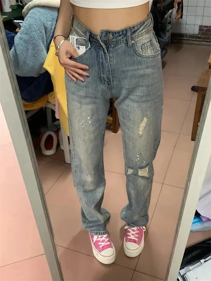 

Splashing Ink Ripped Jeans For Women's Summer New Design Sense High Waist Loose Fit Straight Leg Mop Pants Trendy Loose Slimming