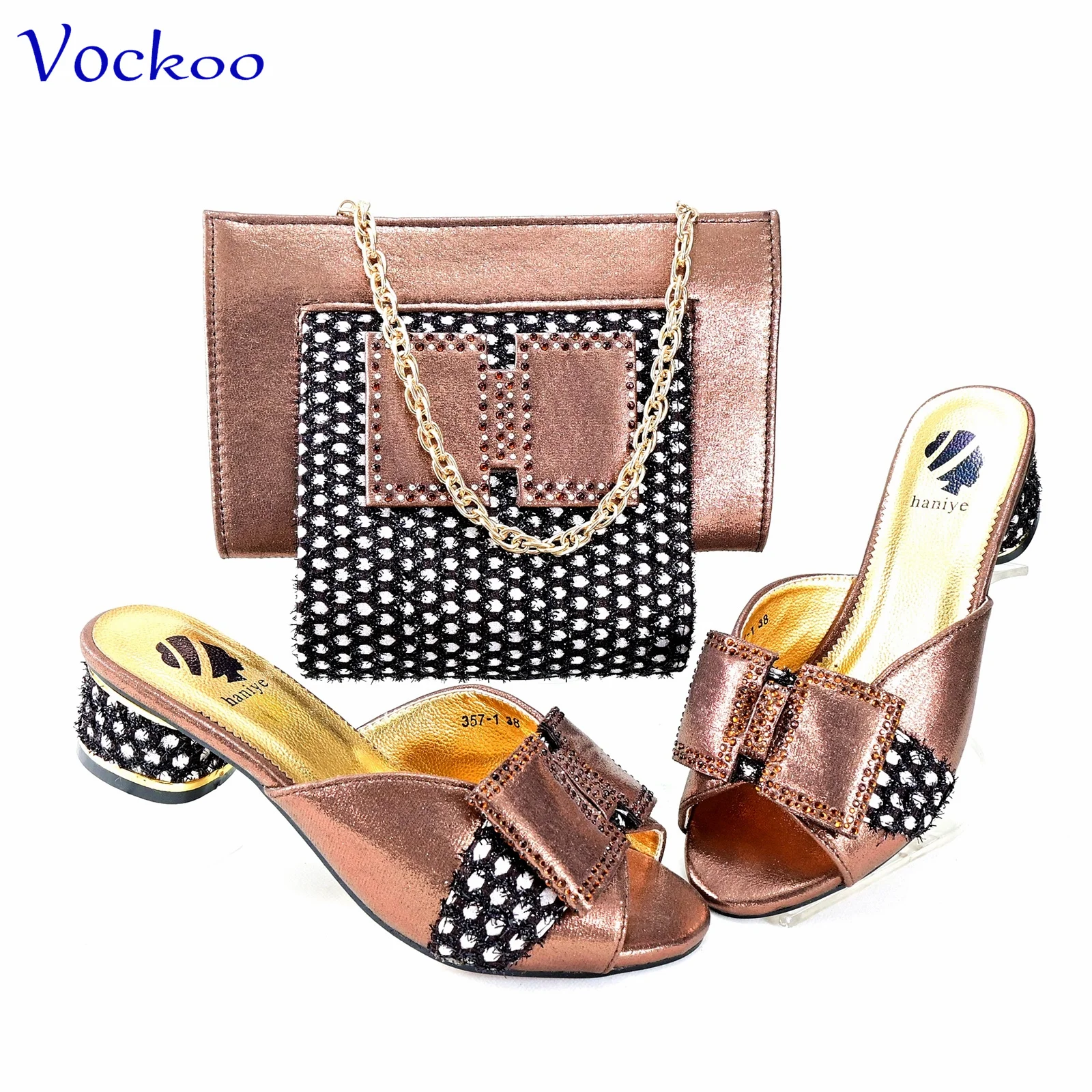 

Newest Elegant African Women Design Shoes Matching Bag in Coffee Color Retro Style Sexy Ladies Low Heels Slipper