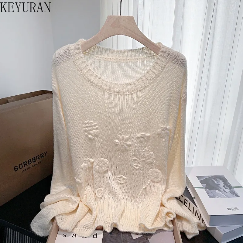 

2025 Autumn New Lazy Style Round Neck Knitted Sweater Women's Sweet 3D Embroidered Casual Loose Pullvers Sweaters Mujer Jumpers