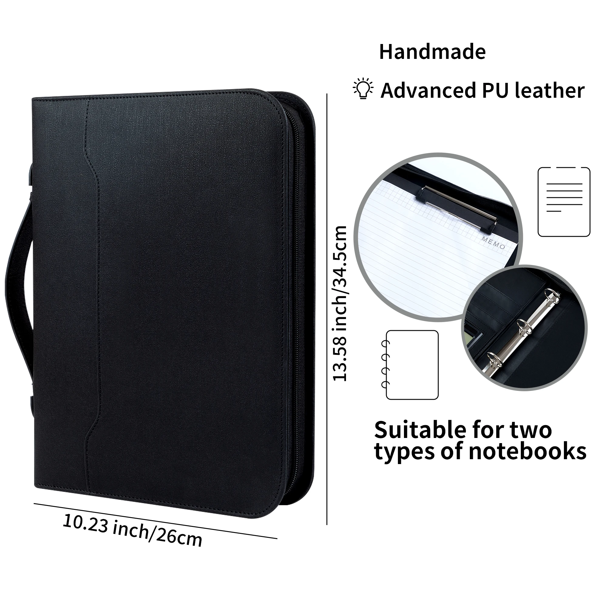 New A4 Portfolio 4 Ring Binder with Zipper, PU Leather Padfolio Document Organizer with Storage, Professional Business Briefcase