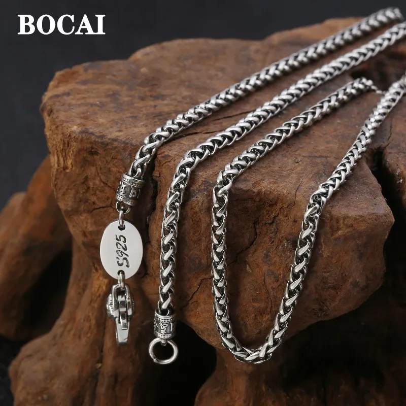 BOCAI 3MM New  Trendy 100% S925 Sterling Silver Jewelry Buddhism Six-Character Mantra Vajra Hemp Rope Man and Woman Necklace