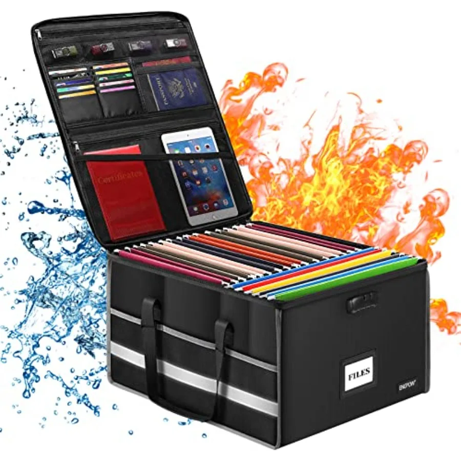 

Fireproof Document Box with Lock File Storage Organizer Box with Inserts ＆Mesh Pockets Collapsible Portable Large Filing Cabine