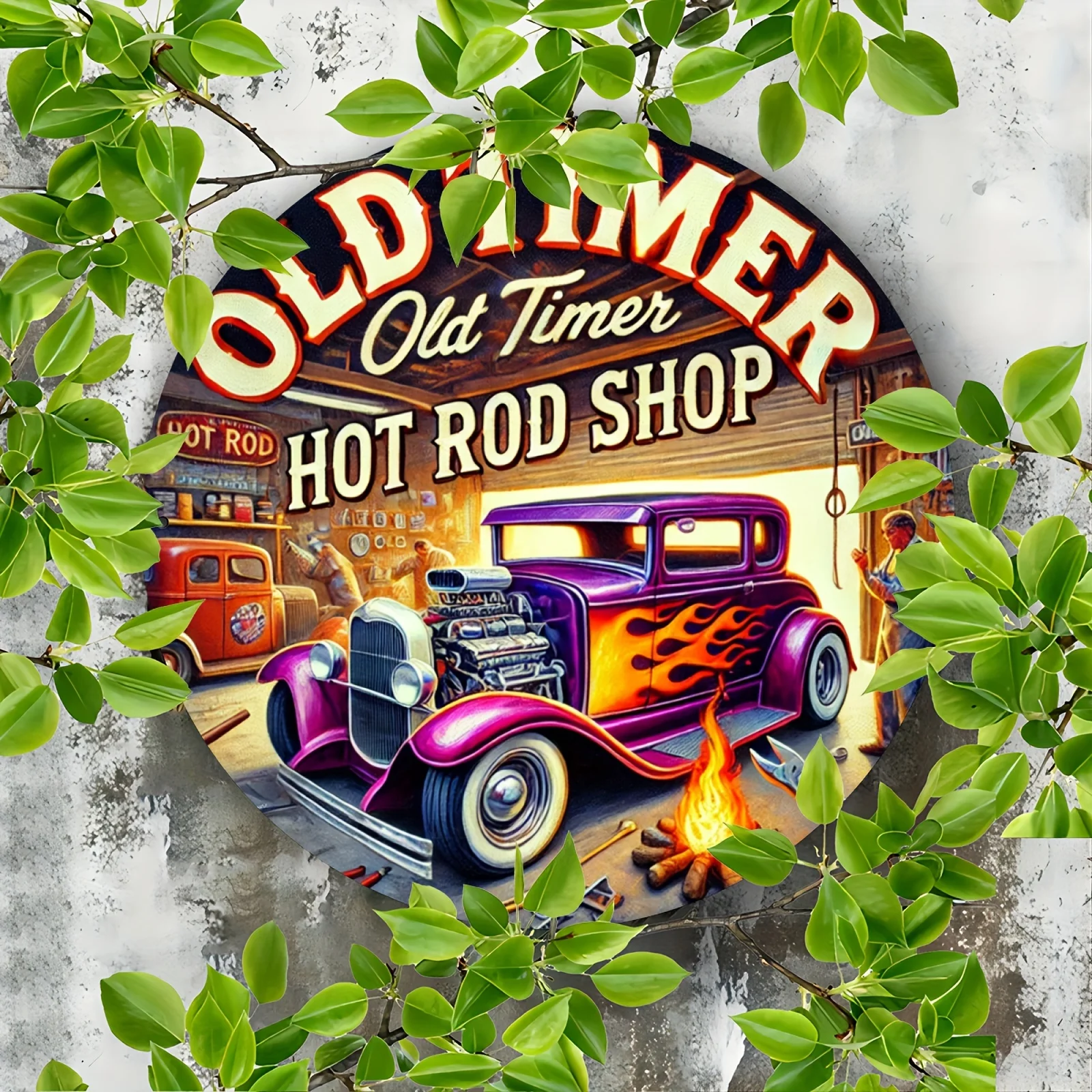Vintage Hot Rod Shop Metallschild, 20,3 x 20,3 cm große Aluminium-Wandkunst, langlebige, neuartige dekorative Schild, für Zuhause, Küche, Esszimmer,