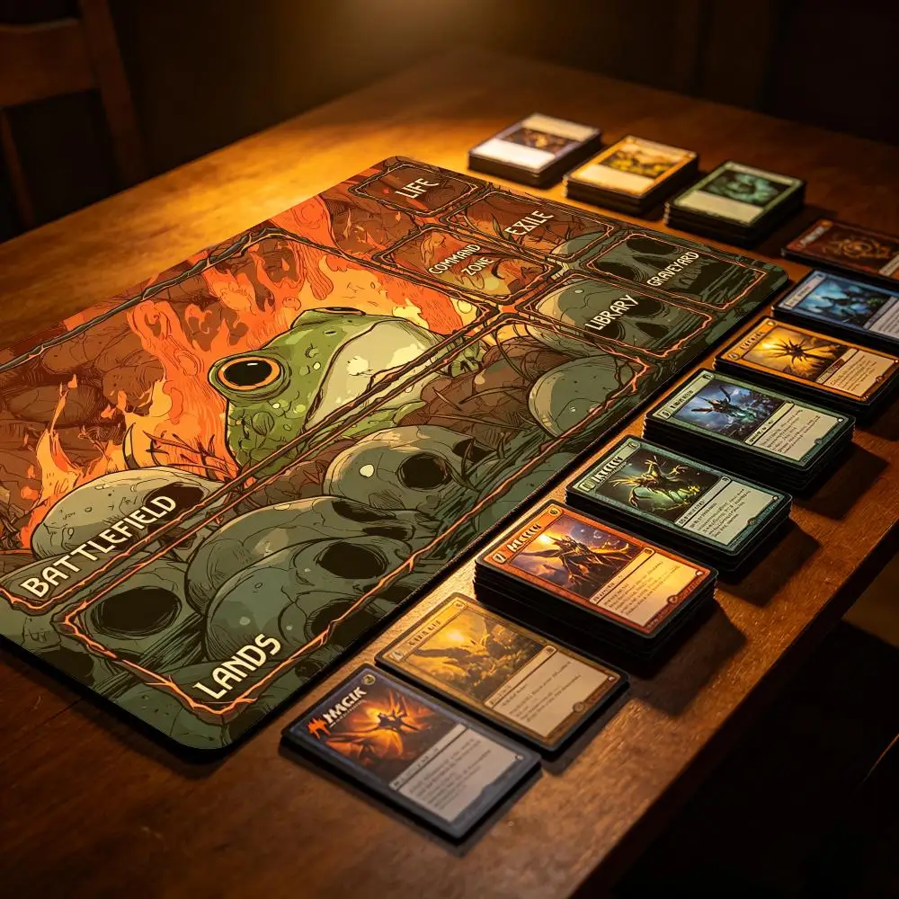 Magic Card Play Mat With Zones Rubber desk Game Mats Gathering TCG Card Battles Commander Gaming MousePad Fire Frog & Skull Art
