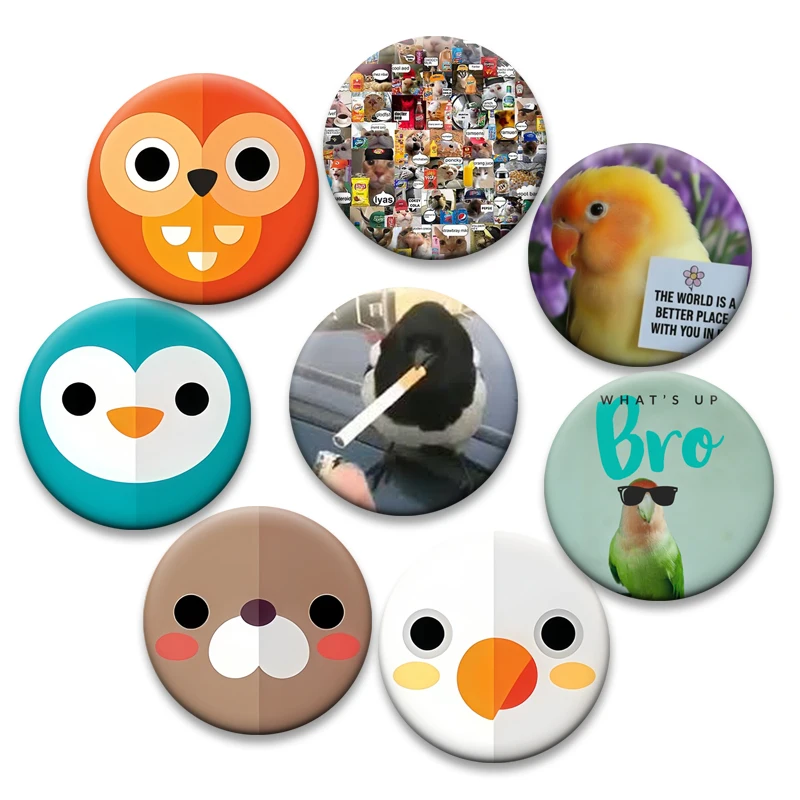 Cute Cartoon Animal Avatar Button Pins Funny Cats Parrot Badge Fashion Round Creative Brooches for Backpack Accessories Gifts