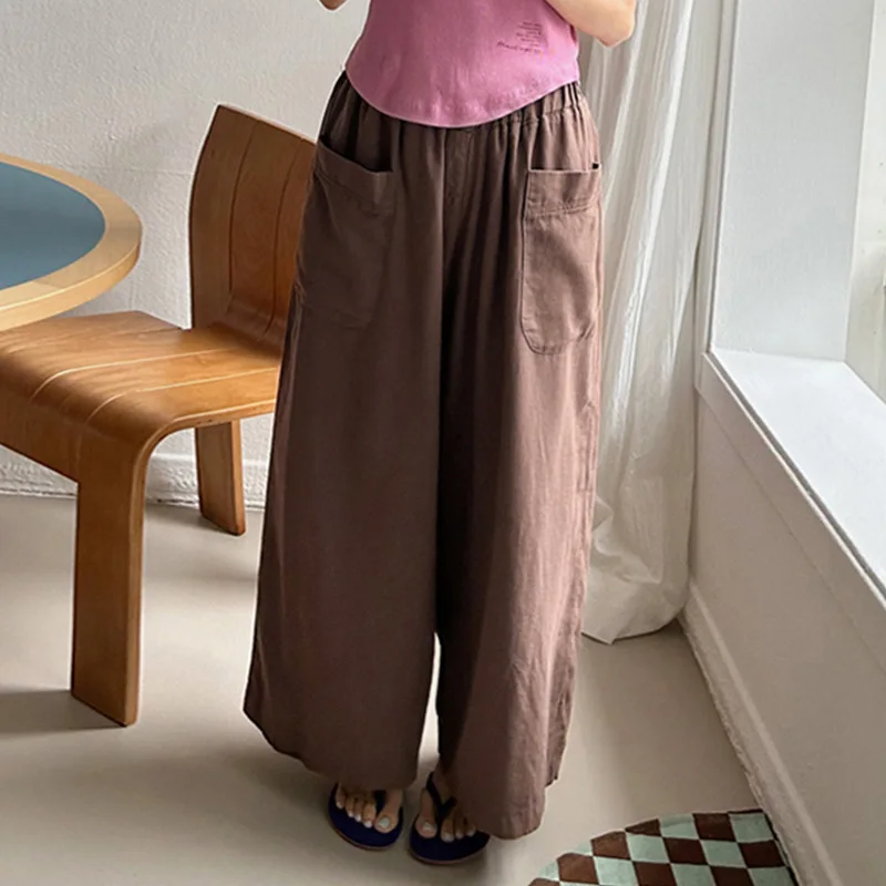 

Korean Casual Loose Ramie Cotton Wide Leg Pants Women'S Elastic Waist Harajuku Cargo Trousers Streetwear Pantalones Ropa Mujer