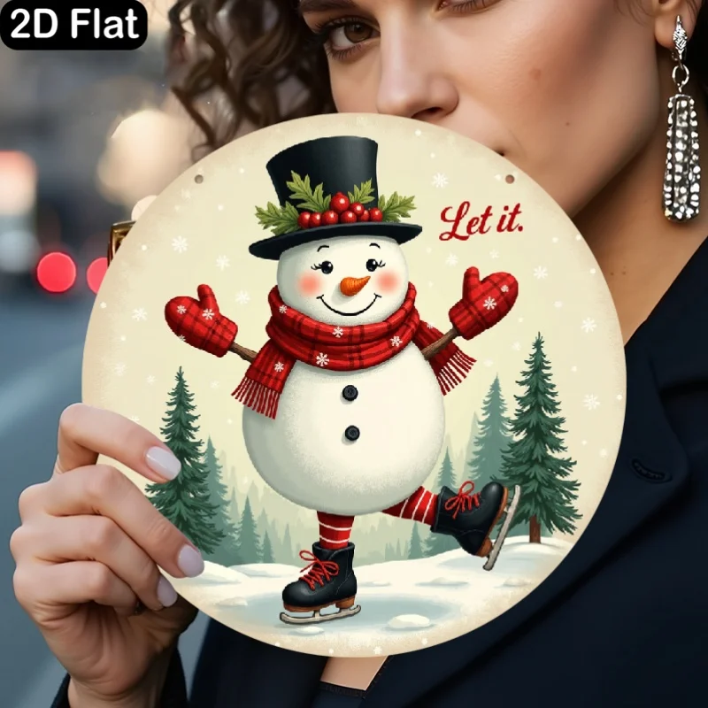 رجل الثلج للتزلج على الجليد يحتفل بتصميم نمط عيد الميلاد، علامة زخرفية مسطحة ثنائية الأبعاد، لوحة خشبية دائرية، هدية ممتازة لـ