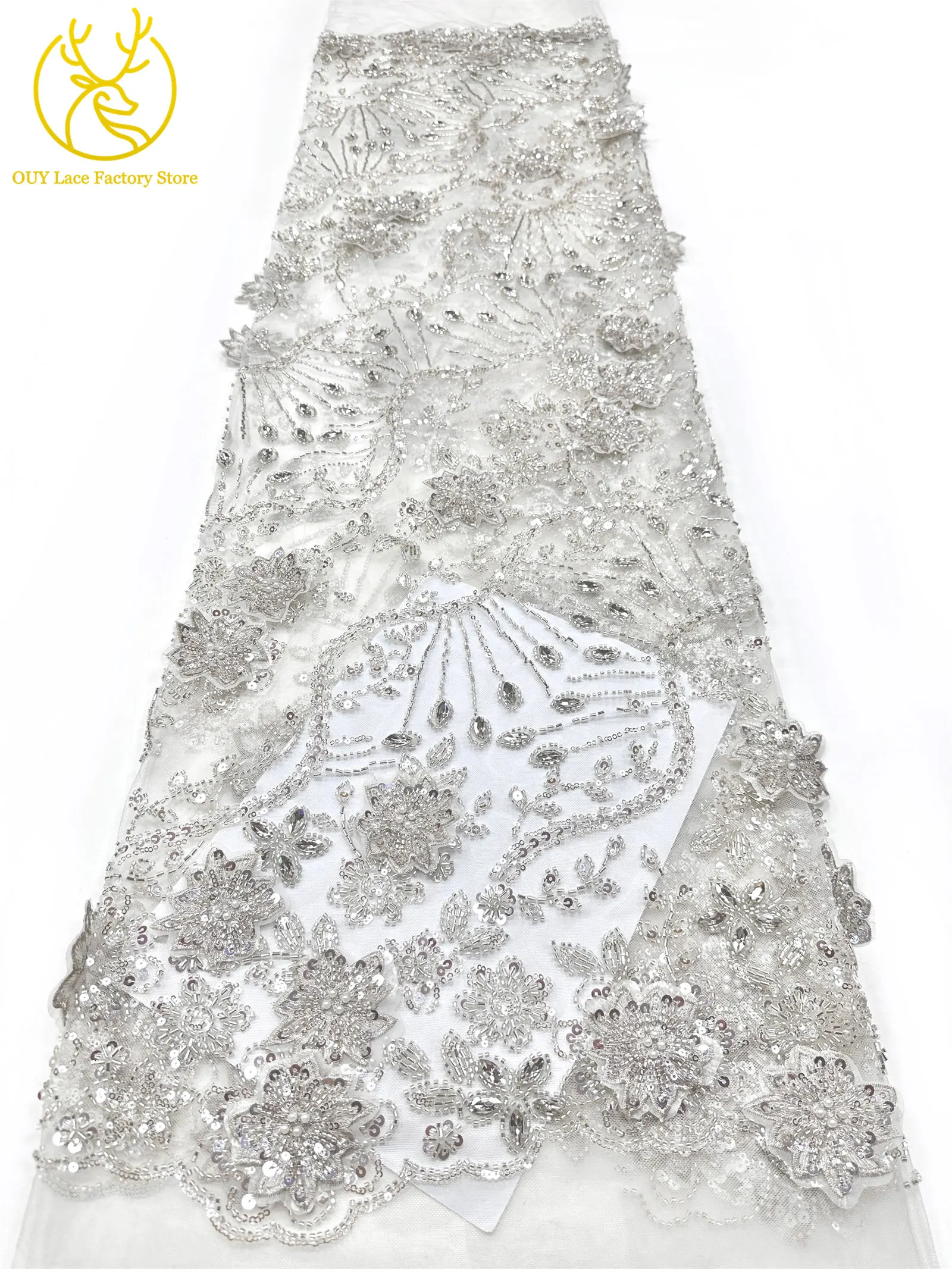 Luxuriöser königsblauer Hochzeits-Spitzenstoff, afrikanischer Perlen-Pailletten-Spitzenstoff, nigerianischer bestickter Mesh-Spitzenstoff für Hochzeitskleider – Detail 15