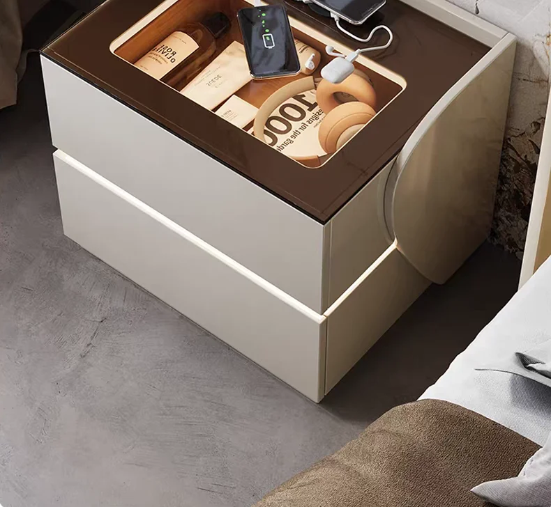 & Ambient Light Smart Storage Cabinet For Master Bedroom&Modern Minimalist Multifunctional Bedside Table With Wireless Charging
