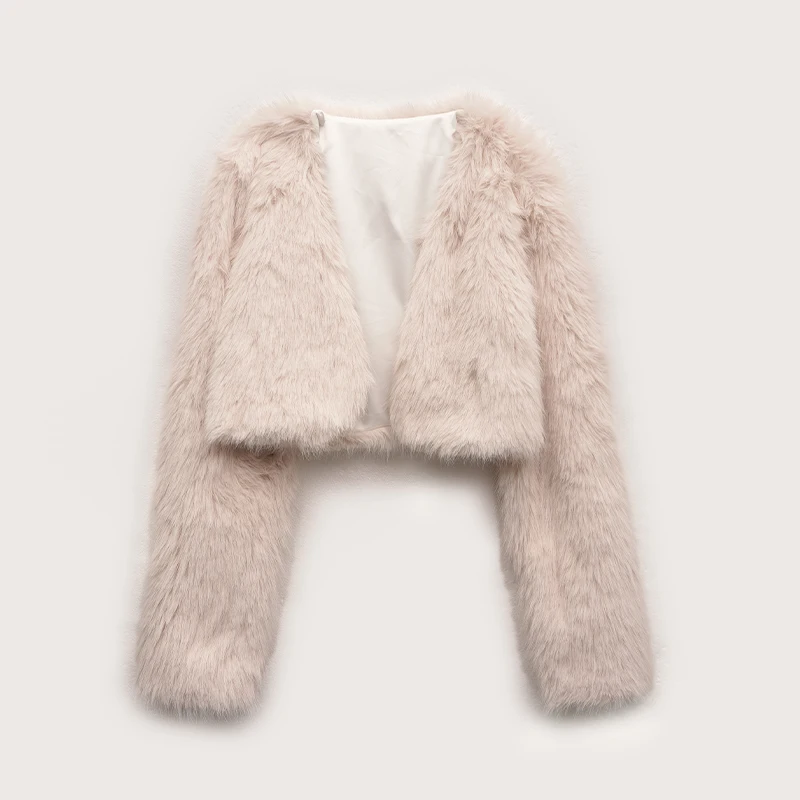 Chique dames nepbont crop korte dikke jassen warm harig vest met lange mouwen jassen winter elegante dame straat zwart uitloper