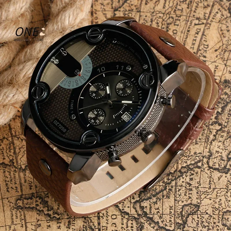 Fashion Big Dial Watches Men Military Sports Watches Leather Strap Complete Calendar Quartz Wristwatches Clock Reloj Hombre