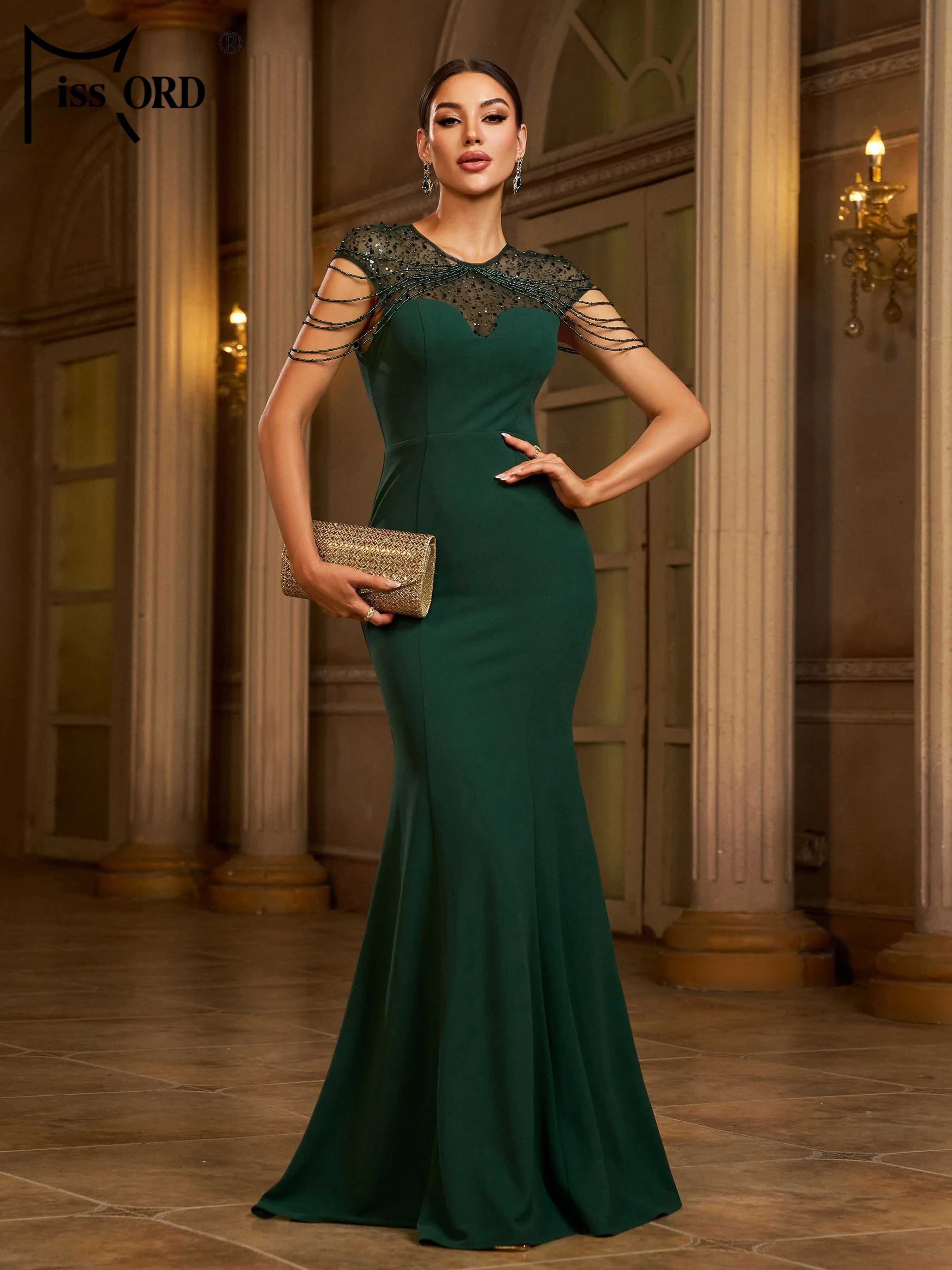 

Missord 2025 New Round Neck Green Mermaid Evening Gown Wedding Birthday Party Elegant Beautiful Women's Graduation Maxi Dresses