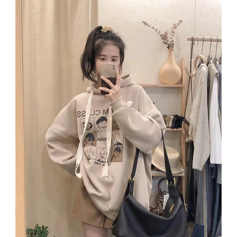 Apricot Women Sweatshirt Hooded Printing Vintage Long Sleeve Korean Fashion Casual Y2K Style Autumn NEW Female Pullover Tops