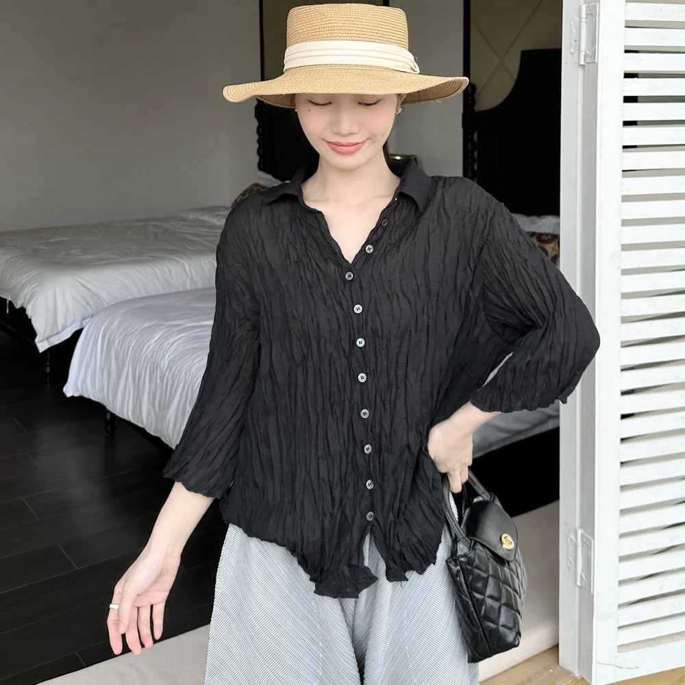 เดี่ยวสีทึบLapelผู้หญิงเสื้อMiyakeจีบ 2025 ฤดูร้อนใหม่เสื้อลําลองแฟชั่นCardiganเสื้อผ้าALSEY