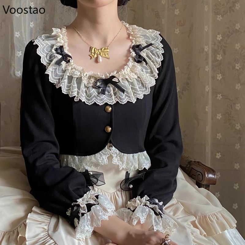 

Japanese Sweet Lolita Style Short Cardigan Women Elegant Bow Lace Ruffles Long Sleeve Bow Crop Jacket Girls Kawaii Princess Tops