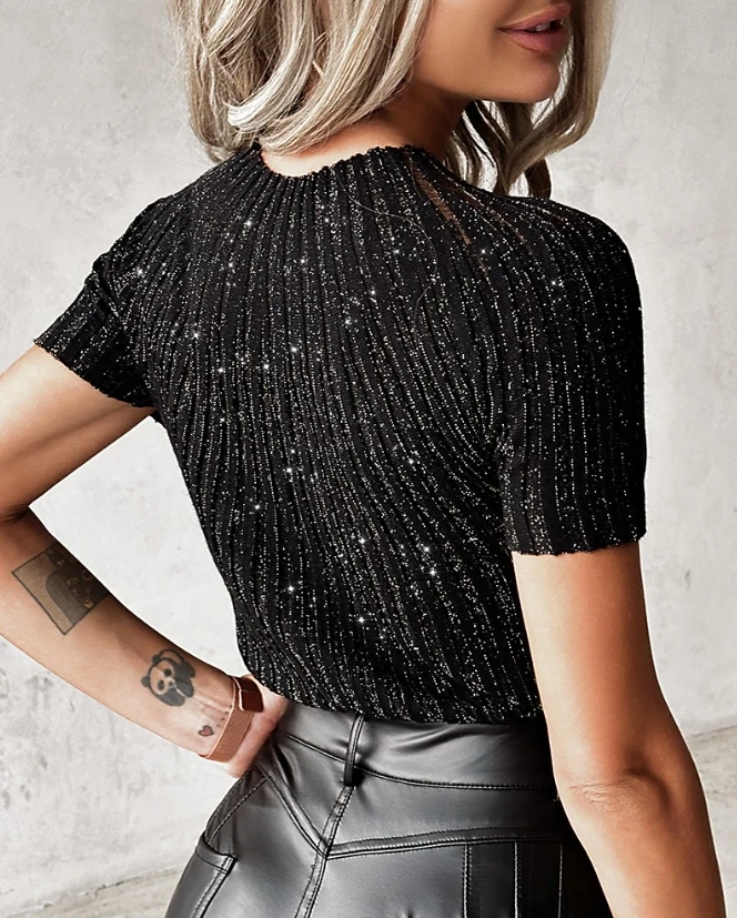 Women\'s Short Sleeved Sweater Top 2023 New Rhinestone Glitter Round Neck Knit Sweater Elegant Pullover Top Temperament Commuting