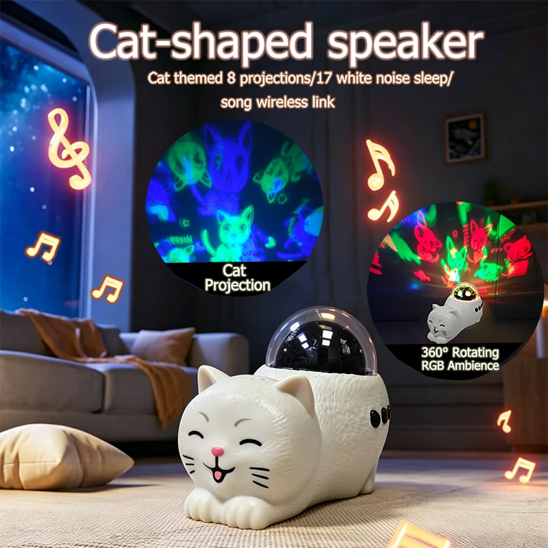 1PC Creative Cat Wireless Speaker with 360° Rotating RGB Ambience, Featuring a White Noise Sleep Aid Function, Cat-Themed Projec