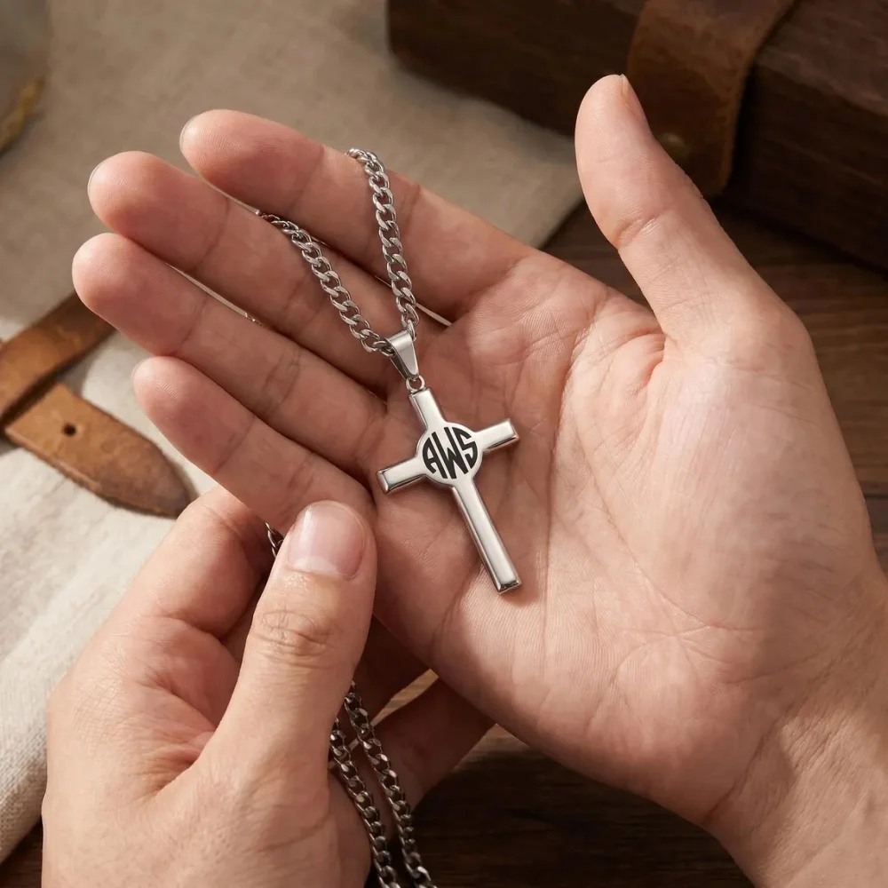 Custom Round Monogram Cross Necklace Religious Jewelry Stainless Steel Initials Pendant Cuban Chain Necklace Gift For Men Women