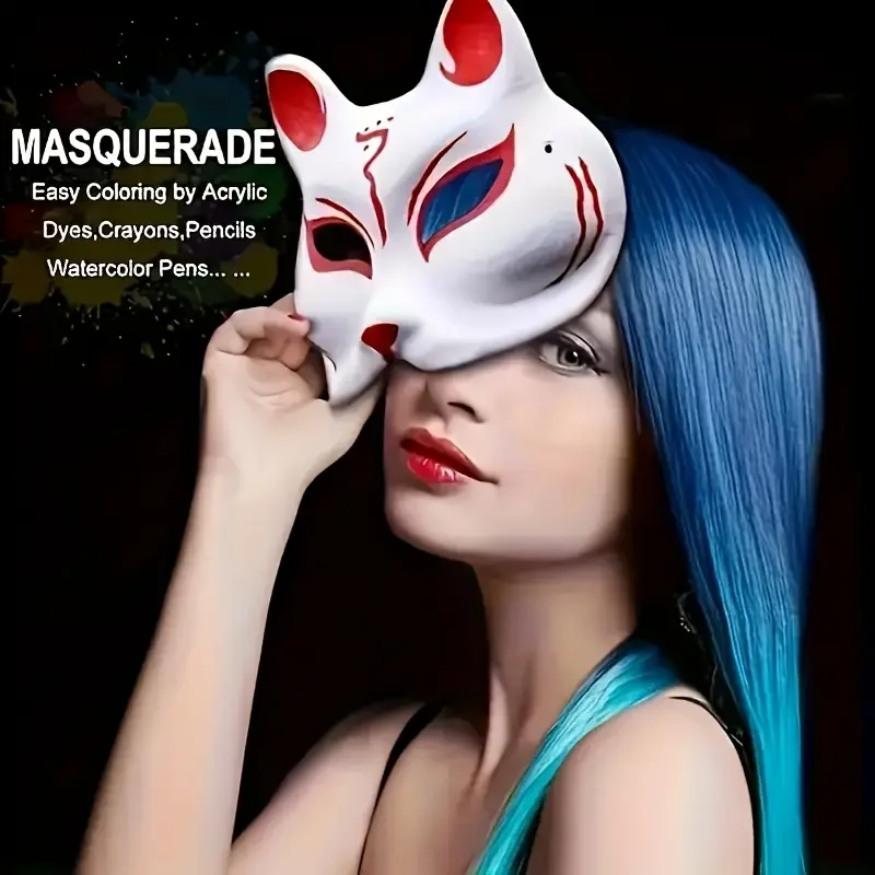 1-10pcs Japanese Mask Paper Blank Mask Halloween Cosplay Cat DIY Paintable Half Face Mask Animal Costume Party Decor Craft Prop
