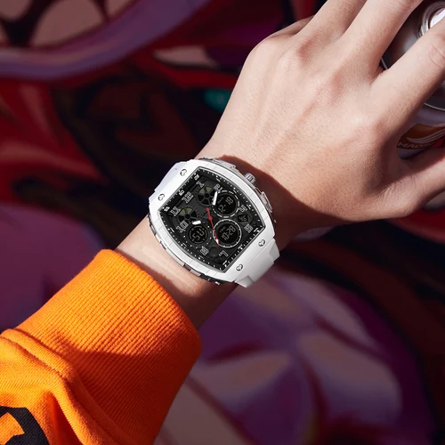 Imagen 2 del producto Reloj Digital SANDA Tonneau con esfera para hombre, reloj de pulsera deportivo militar del ejército, reloj LED multifuncional de silicona resistente al agua para hombre