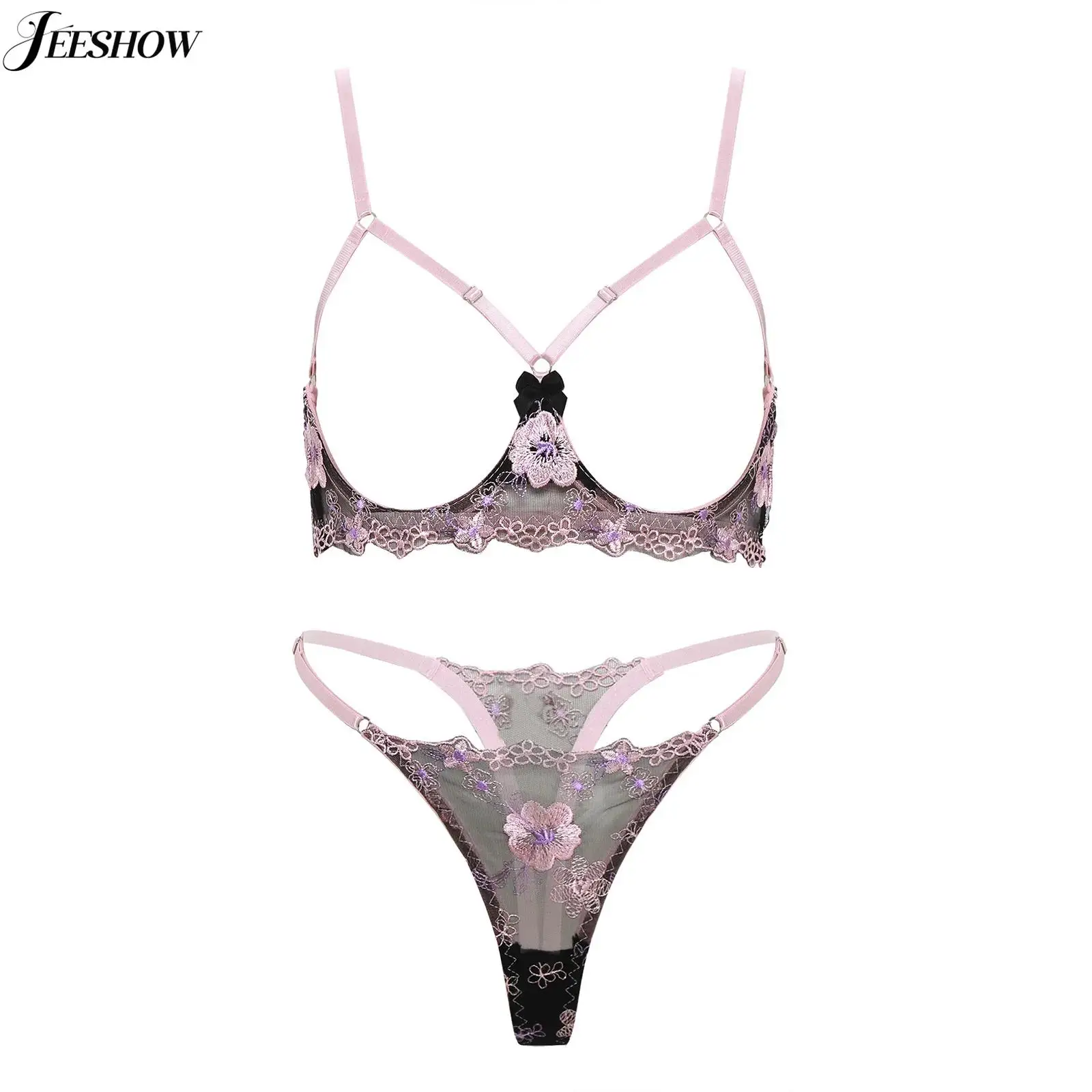 

Womens Sexy See Through Cut Out Lingerie Set Flower Lace Open Cup Underwire Push Up Bra with T-back Thongs Underwear Nightwear