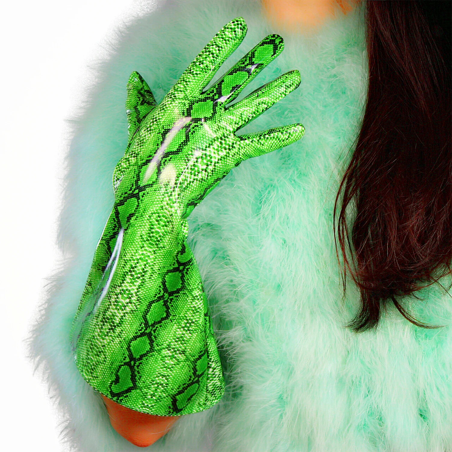 DooWay Oversized Long Leather Gloves Unisex Elbow 38cm Wide Puff Sleeves Large Big Size Green Snake Animal Skin Print Wild