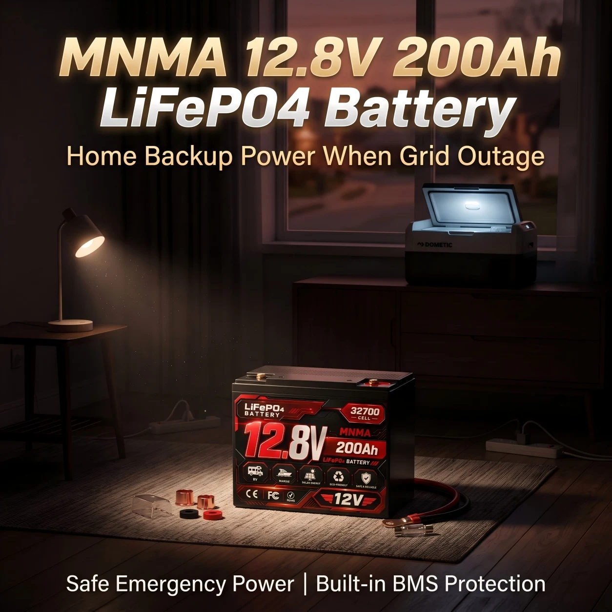 LiFePO4 12.8V Rechargeable Lithium Iron Phosphate Battery 200Ah, 100A BMS for RV, Marine Craft Solar Power