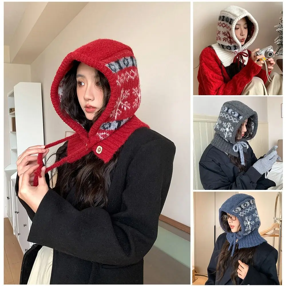 

Модные зимние шапки-балаклавы со снежинками, защита ушей, цельная вязаная шапка с капюшоном, ветрозащитная толстая теплая шапка на шнурке