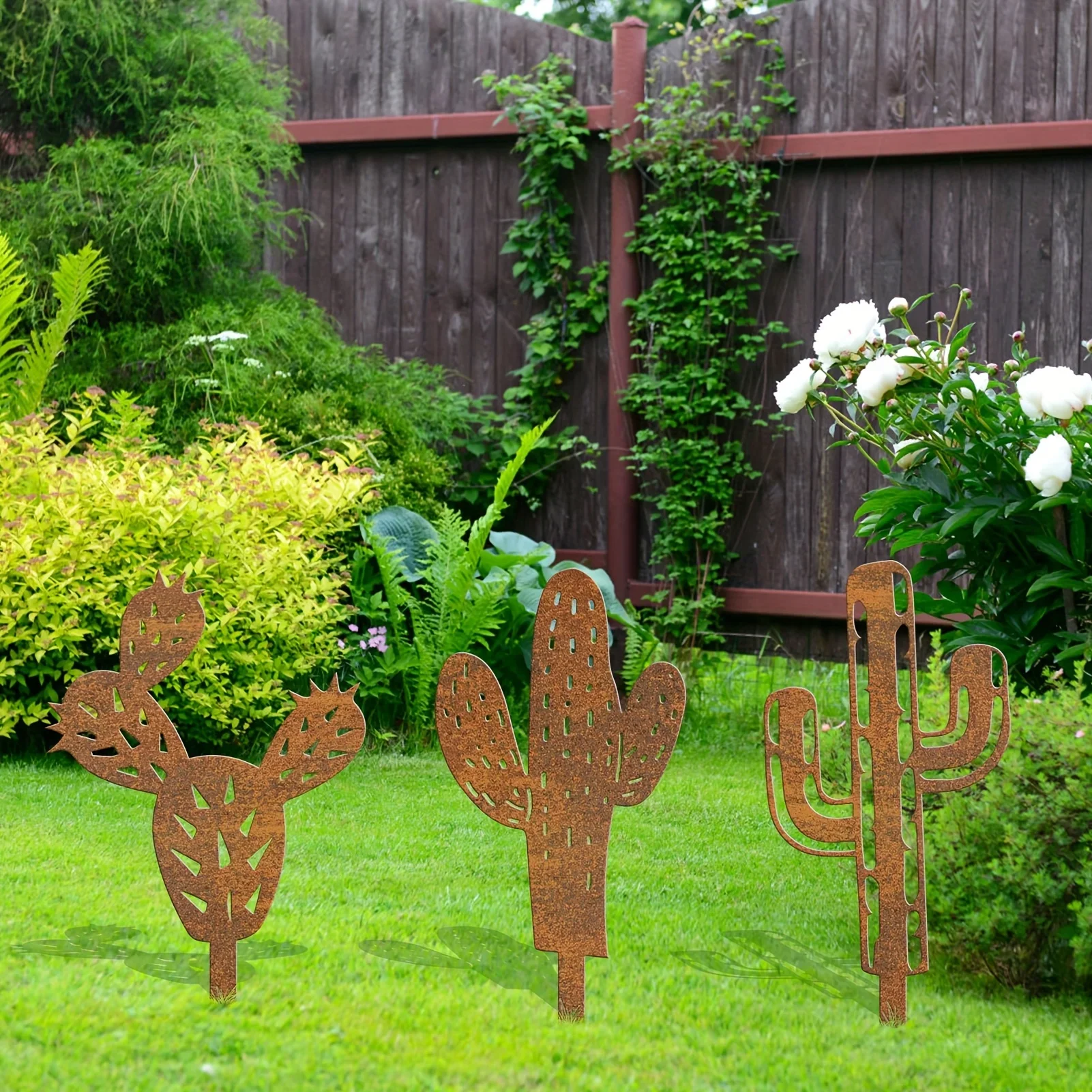 

3pc Rustic Metal Cactus Garden Stakes - Durable, Weatherproof Iron Yard Signs & Markers for Outdoor Lawn Decor