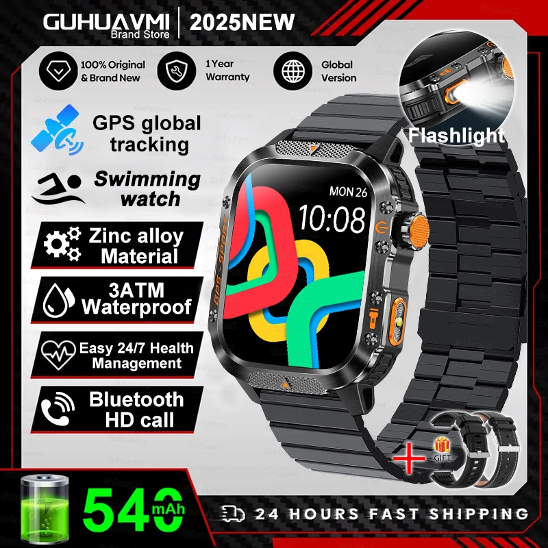 2026 Nieuwe Militaire Smartwatches Mannen 10ATM Waterdicht Zwemmen GPS Bluetooth Oproep 2.01 "AMOLED HD Sport Zaklamp Smart Horloge Mannen - afbeelding 1