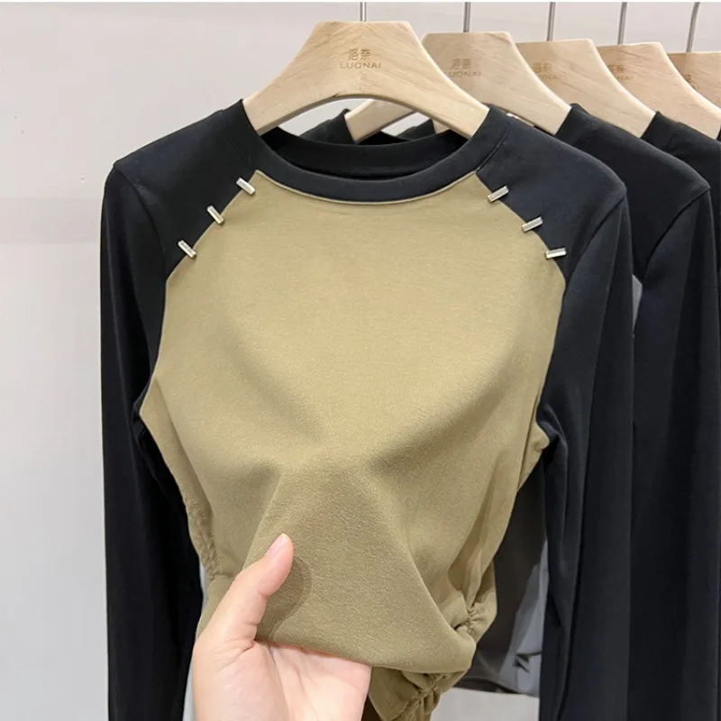 

Loose Drawstring Raglan Long-sleeved T-shirt for Women Autumn Fashion Versatile Irregular Bottoming Shirt