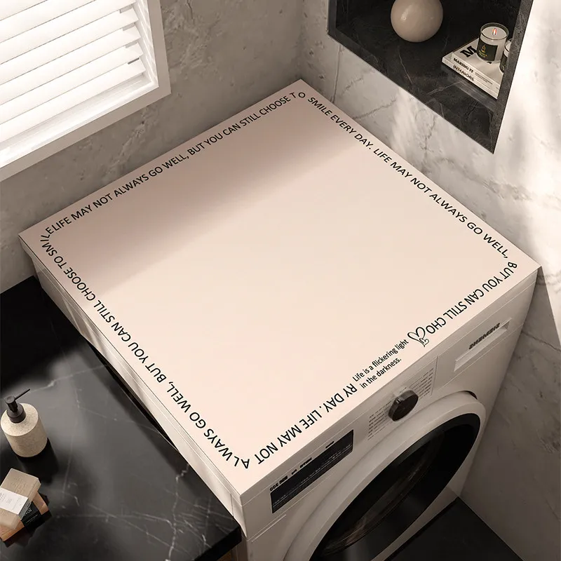 Minimal Letter Border Washing Machine Top Mat Cream Solid Text Print Waterproof Anti Dust Pad For Laundry Dryer Cabinet Surface