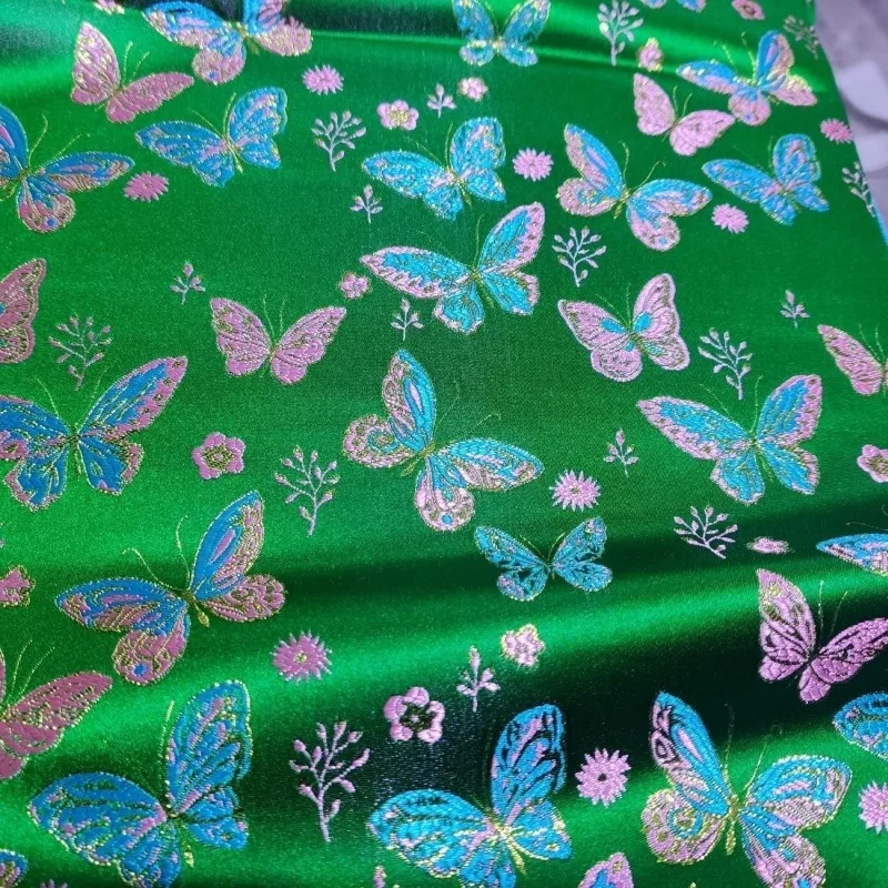 Smooth Jacquard Brocade Fabric Butterfly Flower By Meter for Dresses Hanfu Cheongsam Pillowcases Sewing Ethnic Style Cloth Green