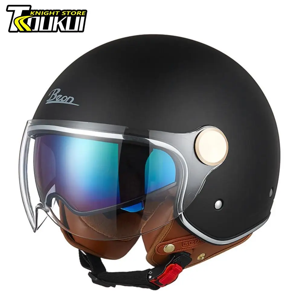 Motorcycle Helmet Scooter Motorcyclist Helmet Open Face Half Helmet Men Women DOT Certification Double Lens HD Visors Casco Moto