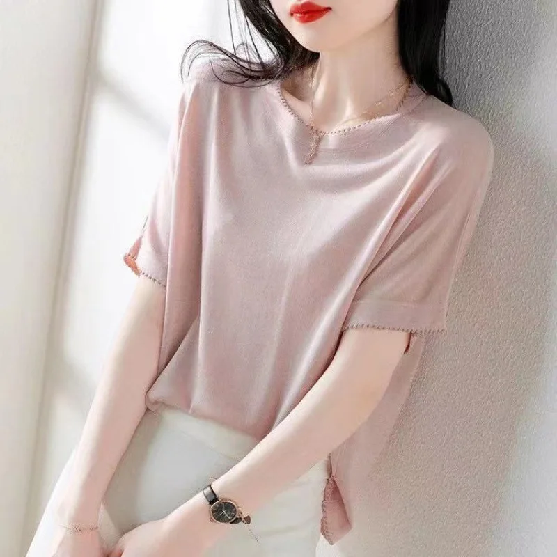 Boeylun New Fashion girocollo manica corta maglione lavorato a maglia donna estate sottile con manica a spalla in pizzo Design t-shirt Top