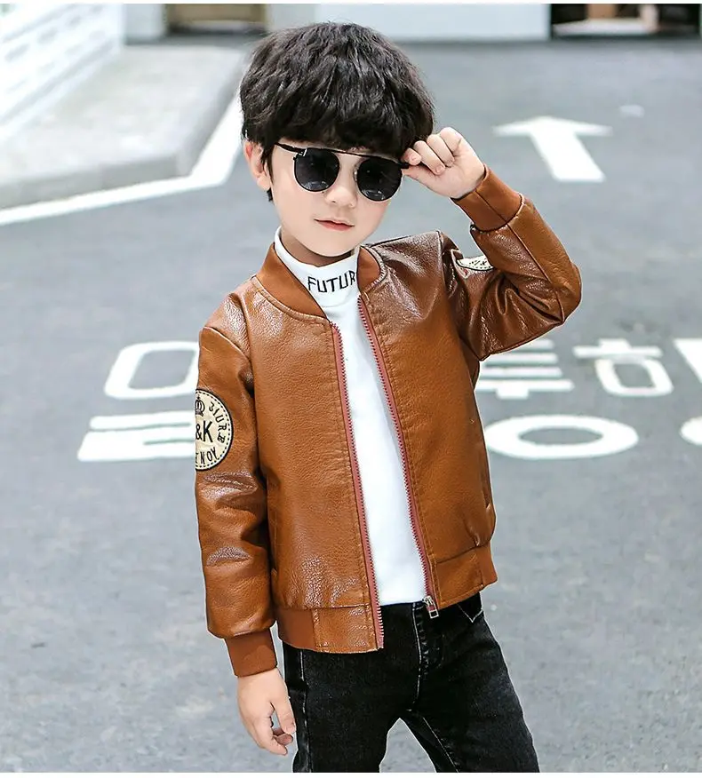 Children\'s autumn winter leather jacket boys\' fashionable plush printed cardigan zippered PU leather tops 2-10Y boys\'warm jacket