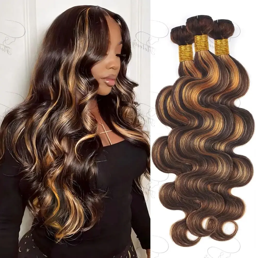 

100% Remy Hair Body Wave Highlight Human Hair Bundles Double Weft 4/27 Human Hair Weave Virgin Hair Extension 1/3 Pcs