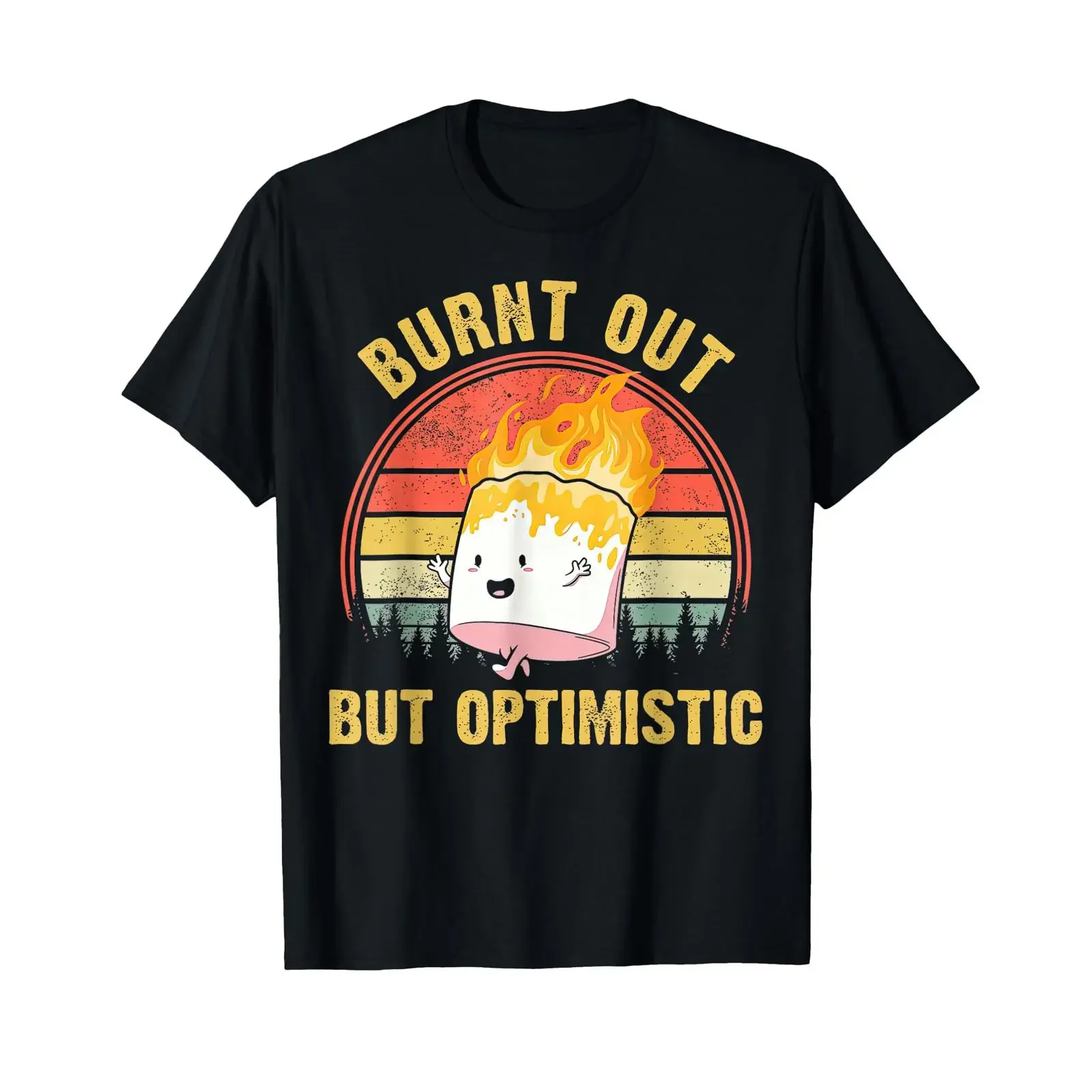 T-shirt vintage délavé et respirant pour le camping, motif « Burnt Out But Optimistic Cute Marshmallow », style streetwear décontracté et polyvalent